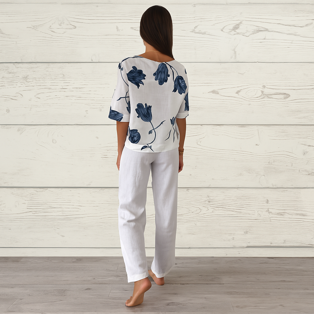 Blusa jersey de algodón y lino con cuello de pico