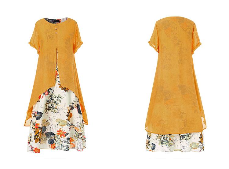 VESTIDO DE DOS PIEZAS DE IMITACIÓN CAMPESINA CON ESTAMPADO DE ALGODÓN Y LINO Y ESCOTE REDONDO