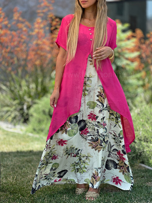 VESTIDO DE DOS PIEZAS DE IMITACIÓN CAMPESINA CON ESTAMPADO DE ALGODÓN Y LINO Y ESCOTE REDONDO