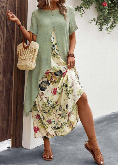 VESTIDO DE DOS PIEZAS DE IMITACIÓN CAMPESINA CON ESTAMPADO DE ALGODÓN Y LINO Y ESCOTE REDONDO