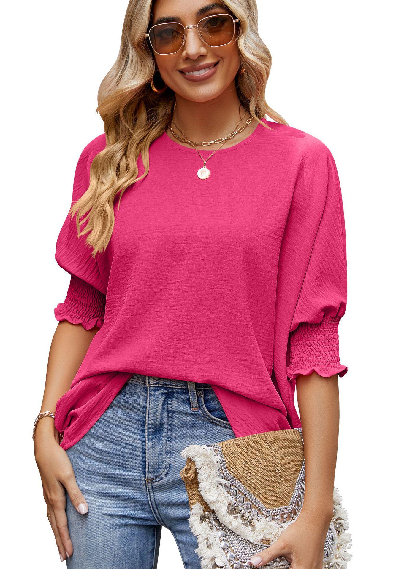Blusa VIOLETA con Cuello Redondo y Mangas Abullonadas Reunidas