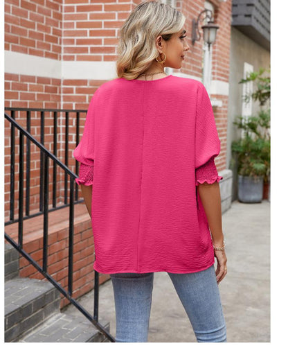 Blusa VIOLETA con Cuello Redondo y Mangas Abullonadas Reunidas
