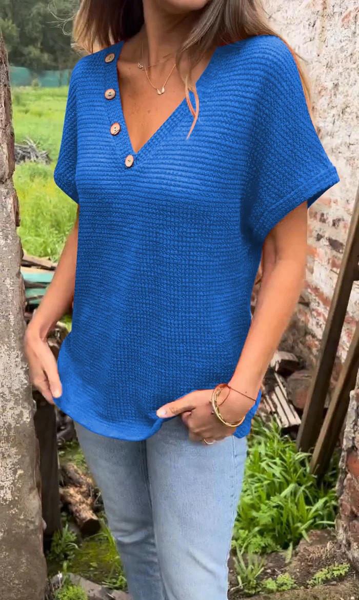 Camiseta Waffle Grid con Manga Corta y Escote en V