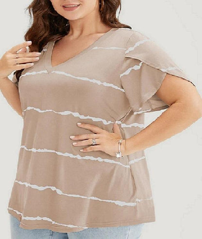 Camiseta de mujer a rayas de manga corta con cuello en V talla grande