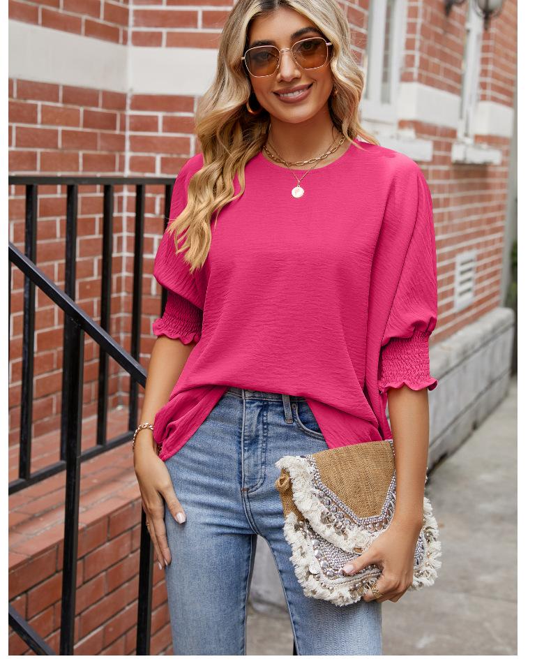 Blusa VIOLETA con Cuello Redondo y Mangas Abullonadas Reunidas