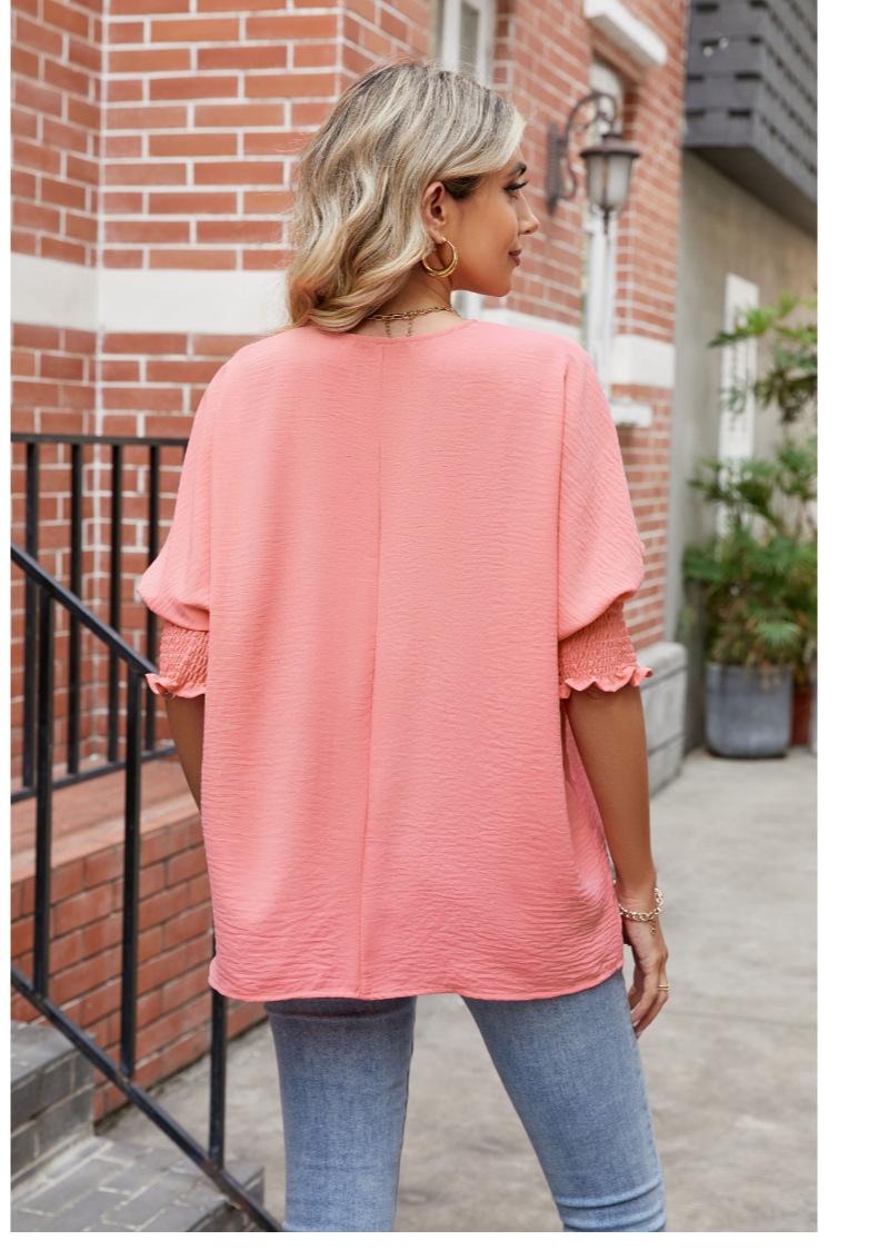 Blusa VIOLETA con Cuello Redondo y Mangas Abullonadas Reunidas