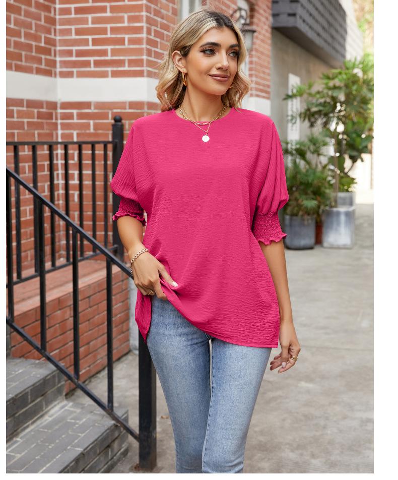 Blusa VIOLETA con Cuello Redondo y Mangas Abullonadas Reunidas