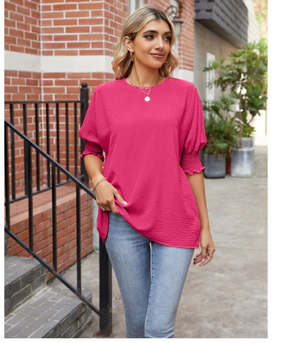 Blusa VIOLETA con Cuello Redondo y Mangas Abullonadas Reunidas