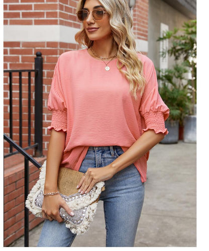 Blusa VIOLETA con Cuello Redondo y Mangas Abullonadas Reunidas