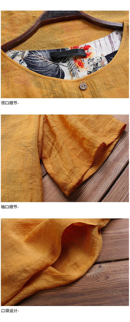 VESTIDO DE DOS PIEZAS DE IMITACIÓN CAMPESINA CON ESTAMPADO DE ALGODÓN Y LINO Y ESCOTE REDONDO