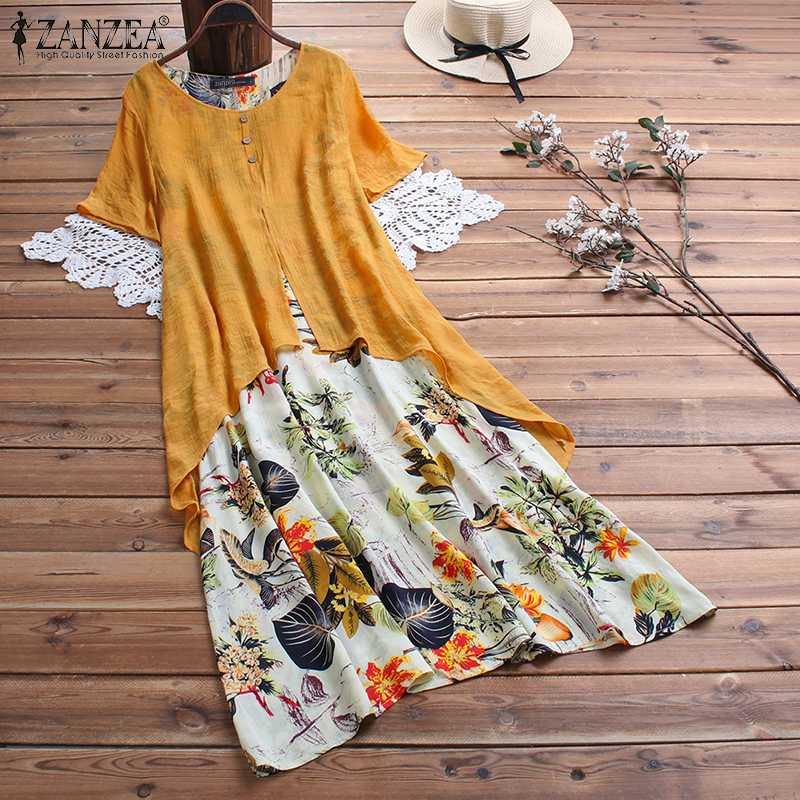 VESTIDO DE DOS PIEZAS DE IMITACIÓN CAMPESINA CON ESTAMPADO DE ALGODÓN Y LINO Y ESCOTE REDONDO