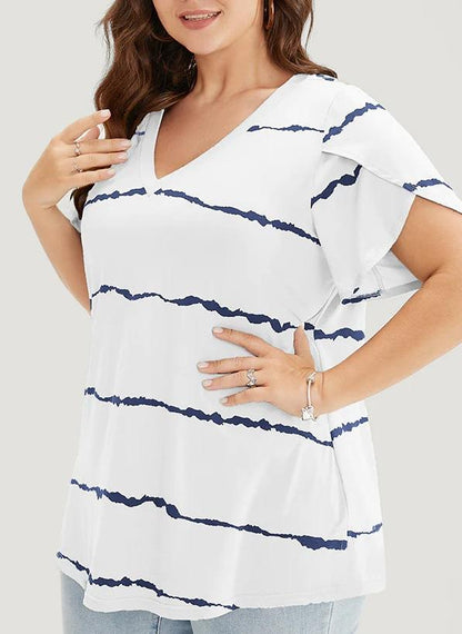 Camiseta de mujer a rayas de manga corta con cuello en V talla grande