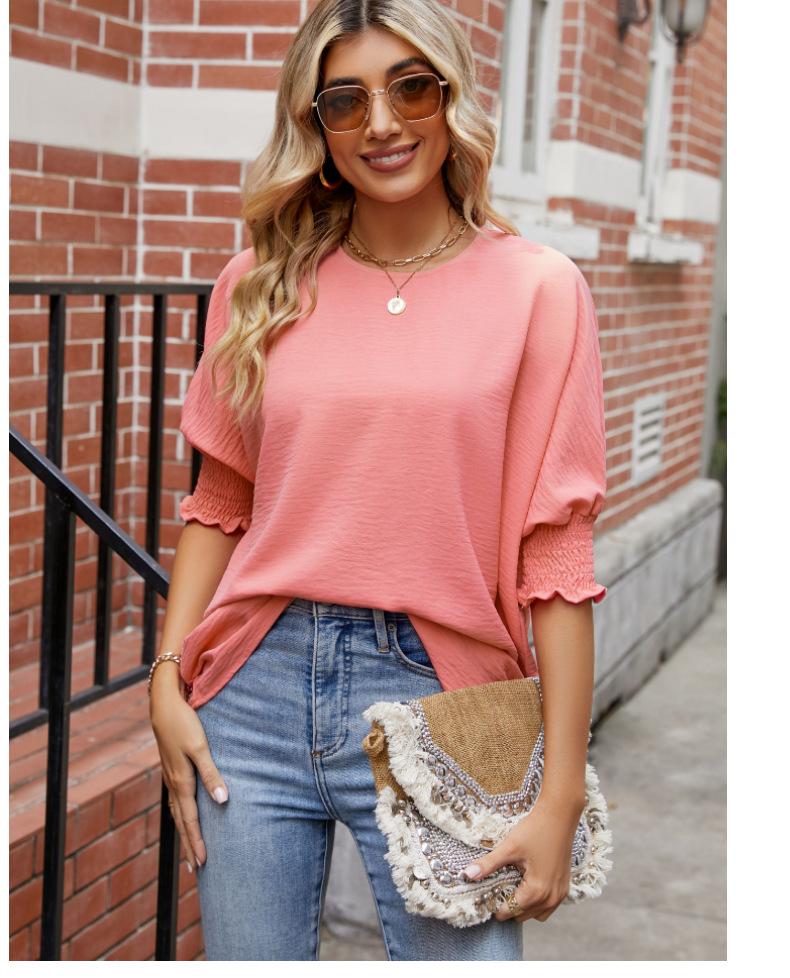 Blusa VIOLETA con Cuello Redondo y Mangas Abullonadas Reunidas