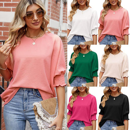 Blusa VIOLETA con Cuello Redondo y Mangas Abullonadas Reunidas