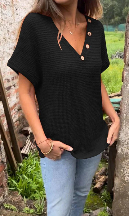 Camiseta Waffle Grid con Manga Corta y Escote en V